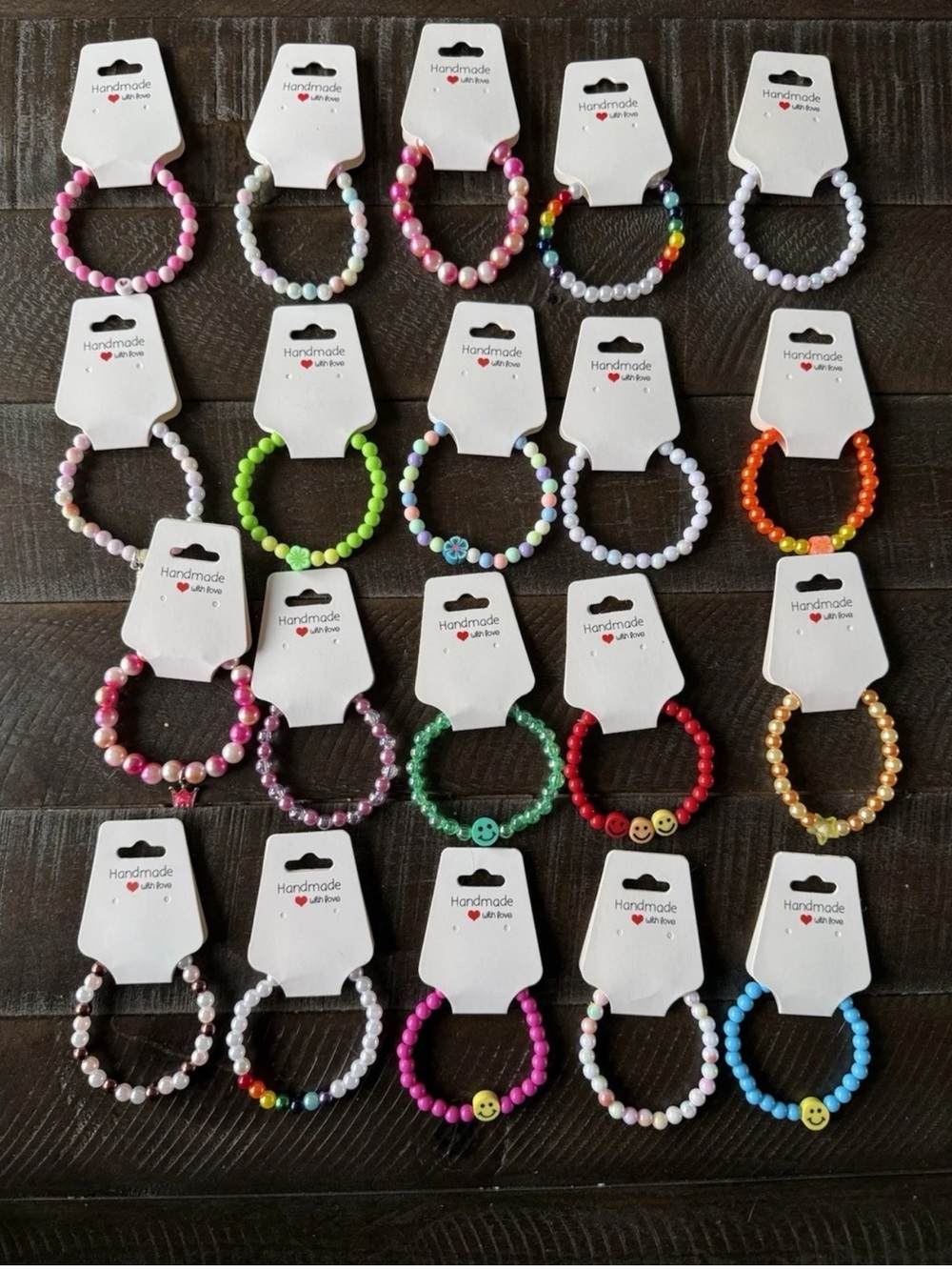 (20) Handmade Kids Beaded Stretch Bracelet - Assorted Colors and charms
